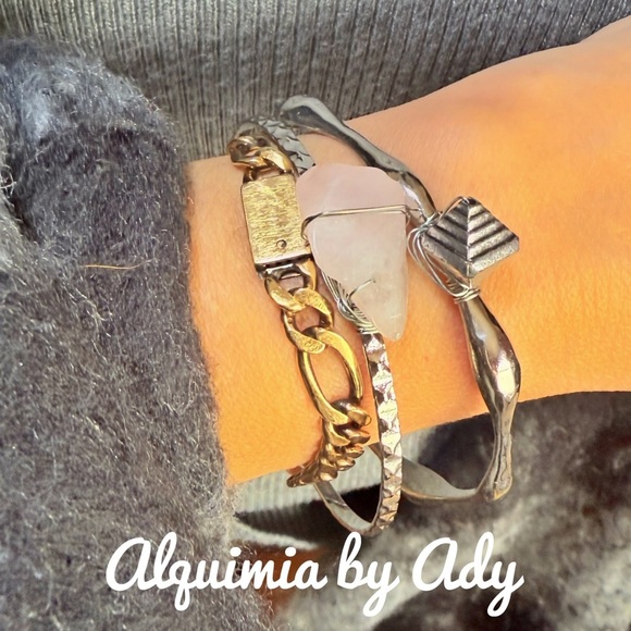 Classic  silver bangle cuff statement bracelet set pink quartz - Picture 1 of 7